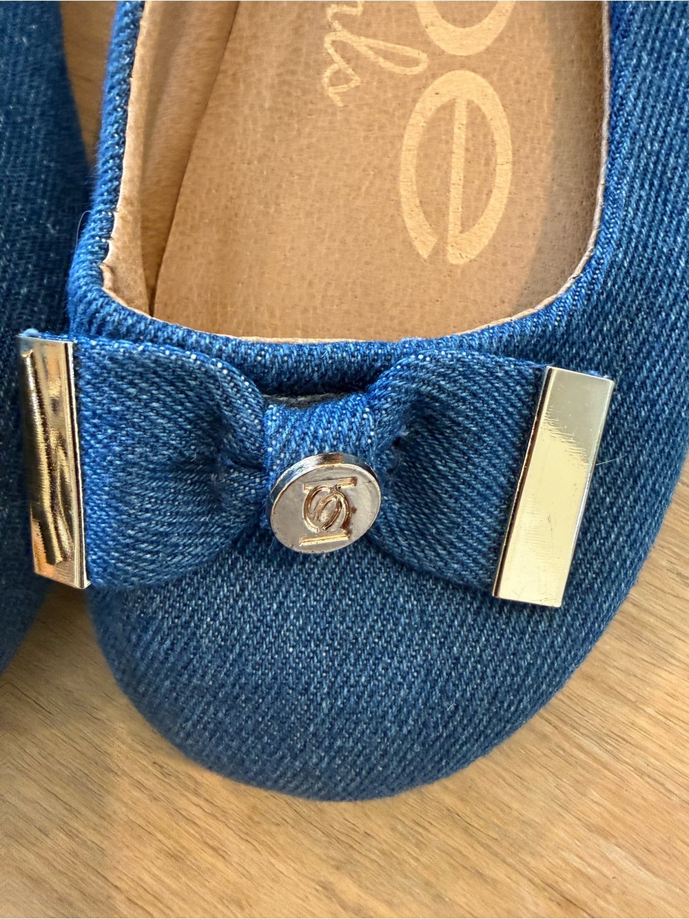 bebe Blue Denim Bow Ballet Flat with Gold Accent